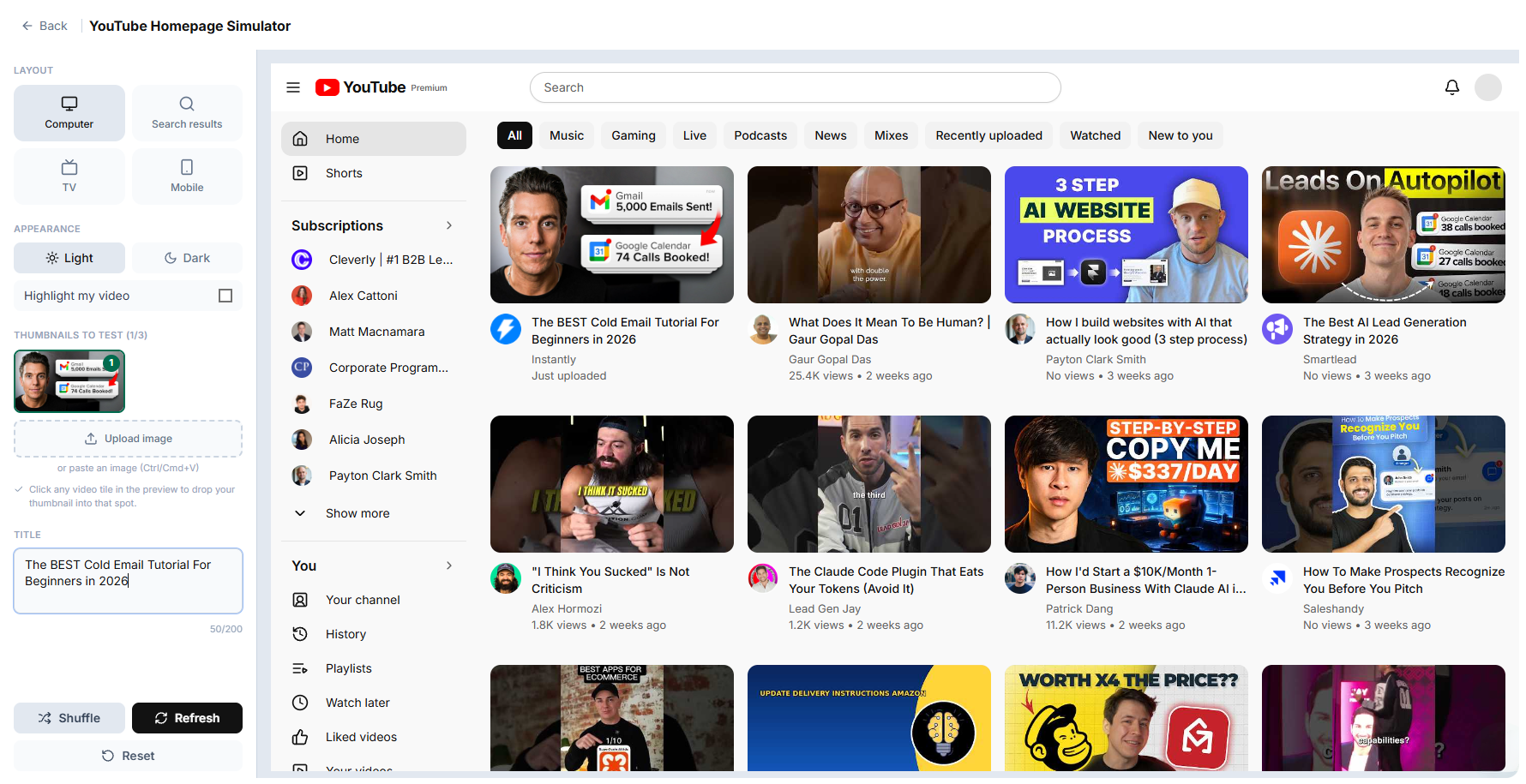 YouTube homepage feed simulator